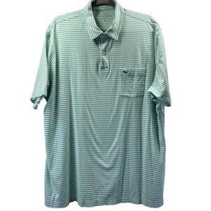 Vineyard Vines Mens‎ Polo Shirt XL Green White Stripe Whale Pocket Short Sleeve